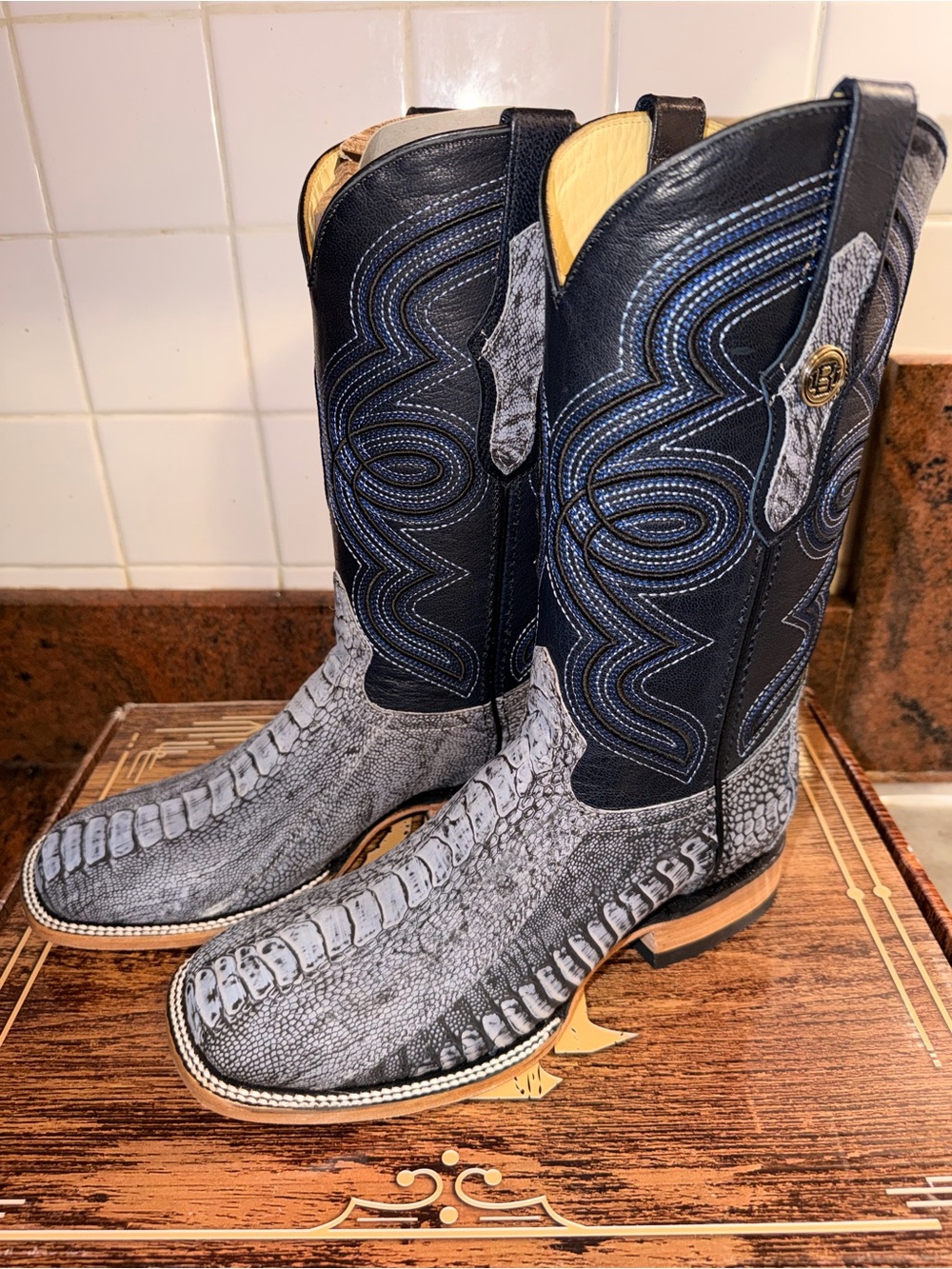 Exotic Genuine Ostrich Leg Western / Cowboy Mens Black, Blue and Grey Boots